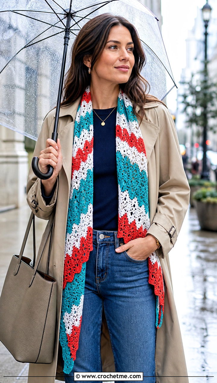 Striped Spiderweb Crochet Shawl With Trench Coat - 30 spiderweb crochet shawl outfit ideas