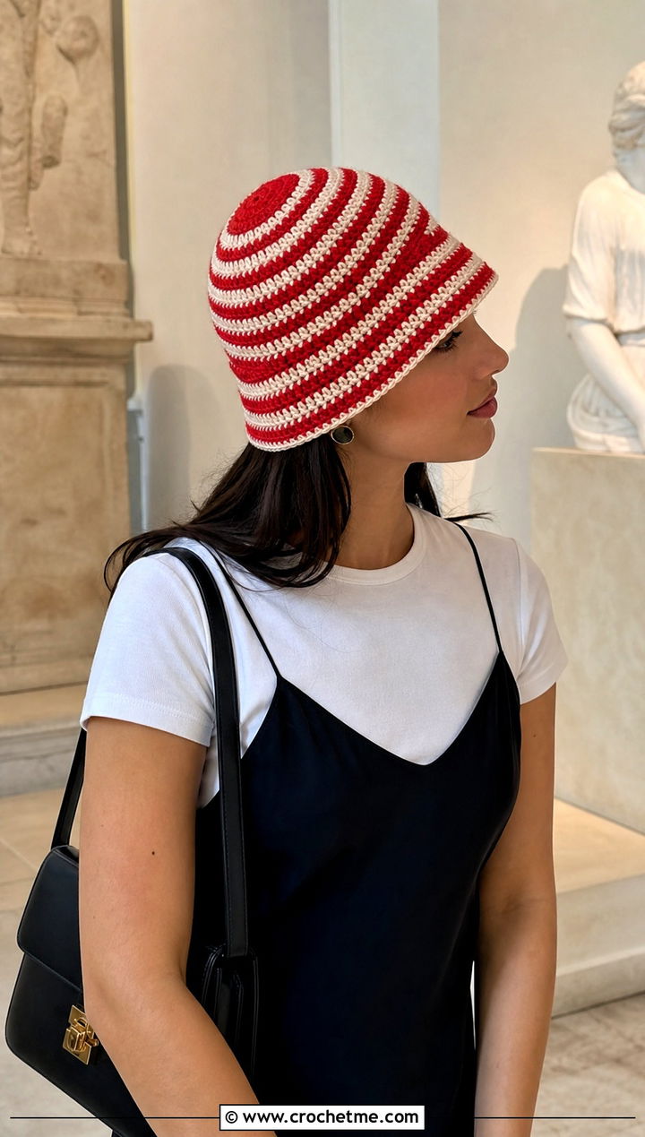 Striped Spiral Crochet Cloche With Slip Dress And Boots - 30 crochet swirl hat outfit ideas