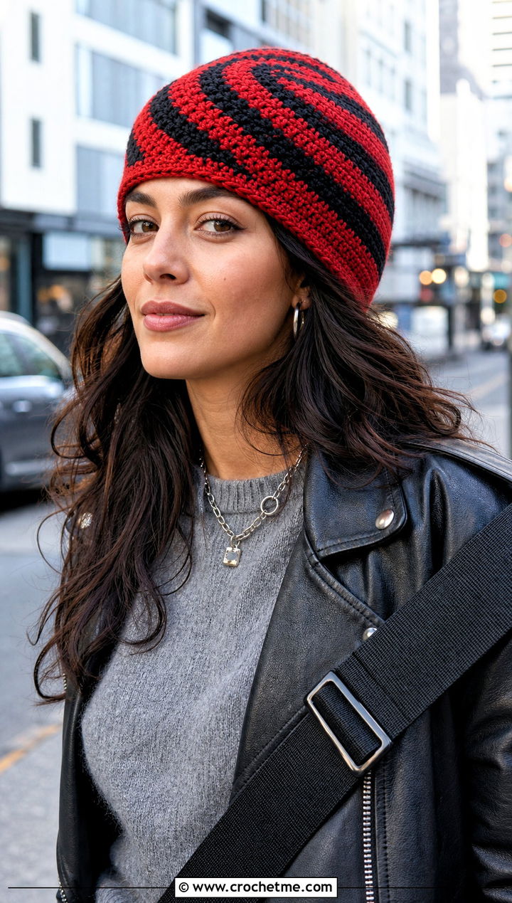 Striped Spiral Toque With Leather Jacket - 15 crochet vintage swirl hat outfit ideas