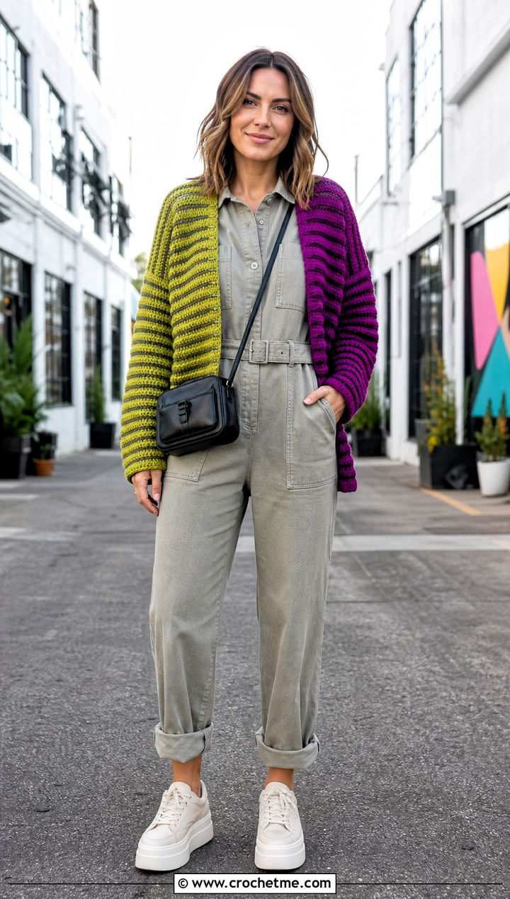 Striped Split Color Crochet Cardigan With Utility Jumpsuit - 15 Split Color Crochet Cardigan outfit ideas