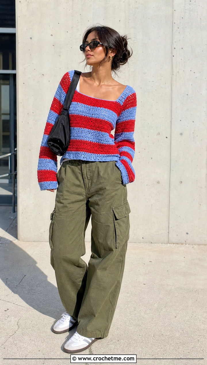 Striped Square Neck Crochet Sweater With Cargo Pants - 15 Square Neck Crochet Sweater outfit ideas