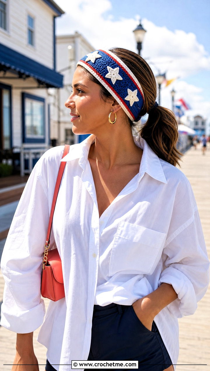 Striped Star Headband With White Shirt And Shorts - 25 crochet star headband outfit ideas