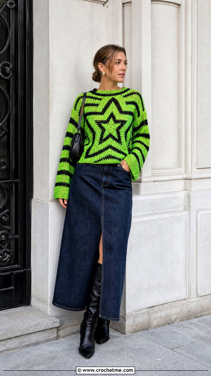 Striped Star Sweater With Denim Maxi Skirt - 35 crochet star sweater outfit ideas
