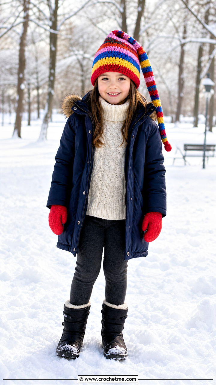 Striped Stocking Crochet Hat With Parka - 35 childrens crochet hats outfit ideas