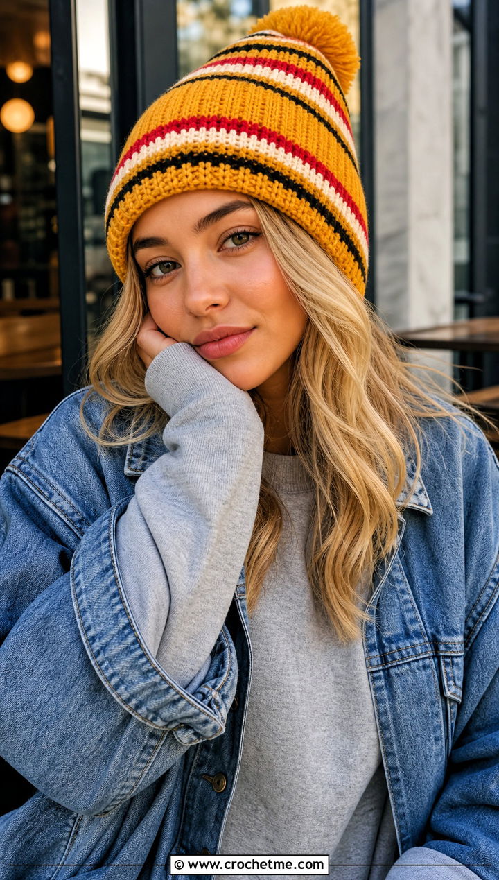 Striped Stocking Mahomes Hat With Denim Jacket - 15 Crochet Mahomes Hat outfit ideas