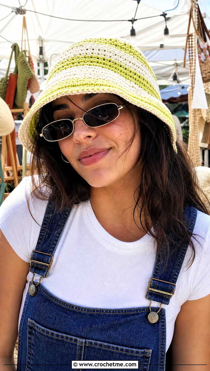 Striped Straw Crochet Bucket Hat With Denim Overalls - 20 Straw Crochet Bucket Hat outfit ideas