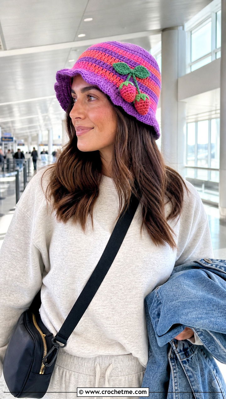 Striped Strawberry Crochet Bucket Hat With Sweat Set - 15 strawberry crochet bucket hat outfit ideas
