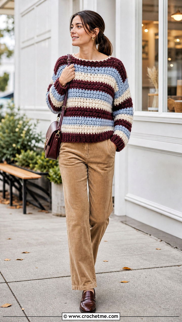 Striped Super Bulky Crochet Sweater With Corduroy Pants - 25 Super Bulky Crochet Sweater outfit ideas