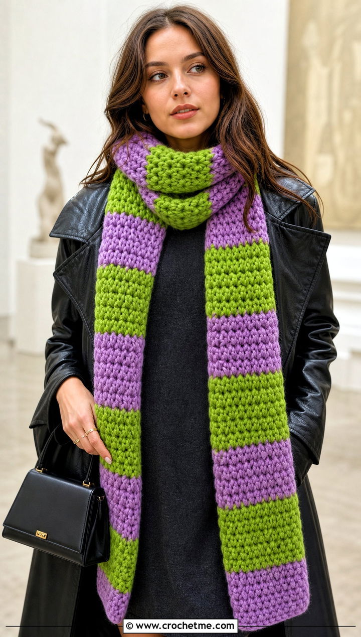 Striped Super Chunky Crochet Scarf With Sweater Dress - 25 Super Chunky Crochet Scarf outfit ideas