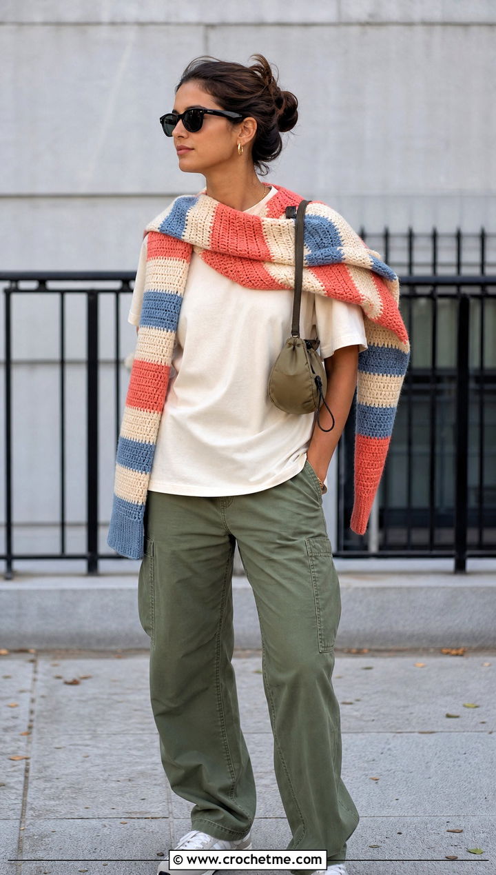 Striped Sweater Scarf With Cargo Pants - 20 crochet scarf with arms outfit ideas