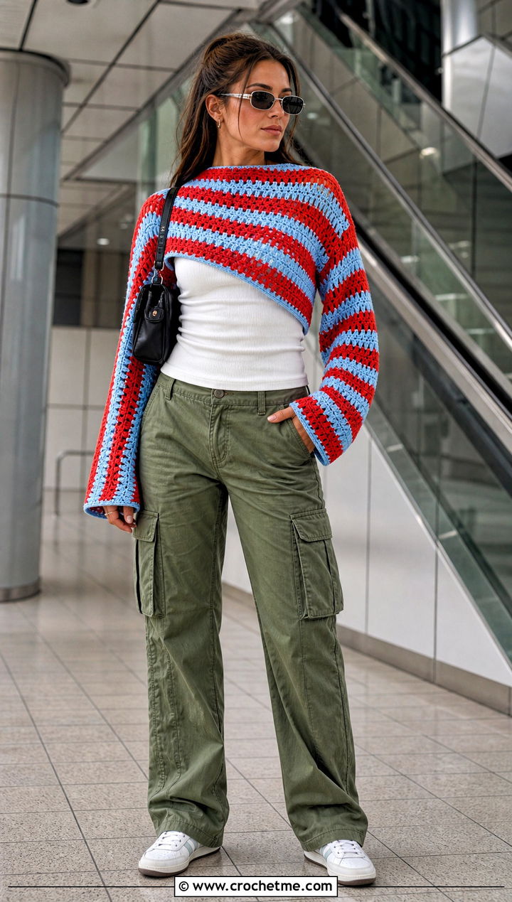 Striped Sweater Scarf With Cargo Pants - 15 Crocheted Sweater Scarf With Sleeves outfit ideas
