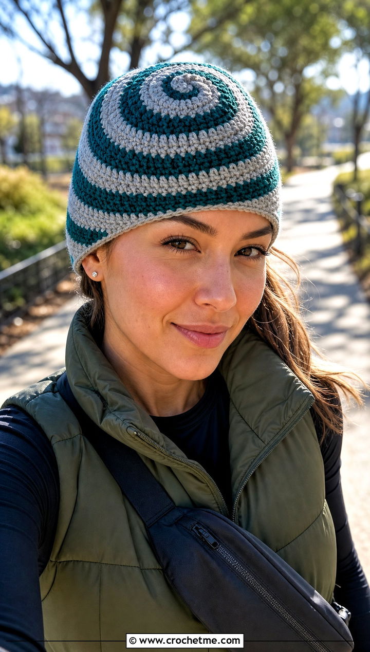 Striped Swirl Beanie With Puffer Vest - 15 crochet swirl beanie outfit ideas