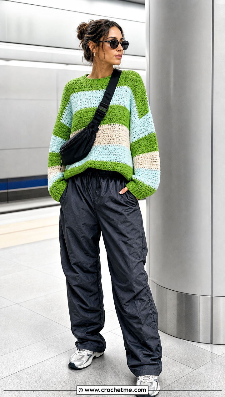 Striped Tapestry Crochet Jumper With Parachute Pants - 30 Tapestry Crochet Jumper outfit ideas