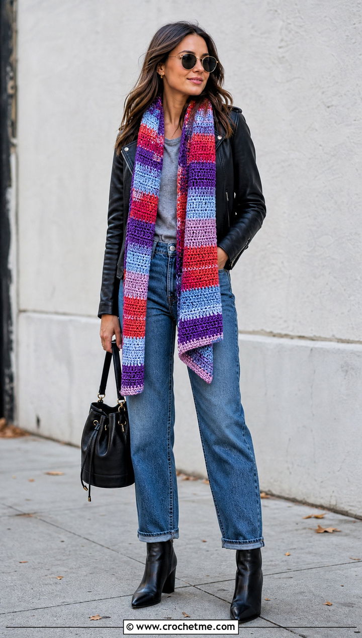 Striped Tapestry Crochet Scarf With Leather Jacket - 35 tapestry crochet scarf outfit ideas