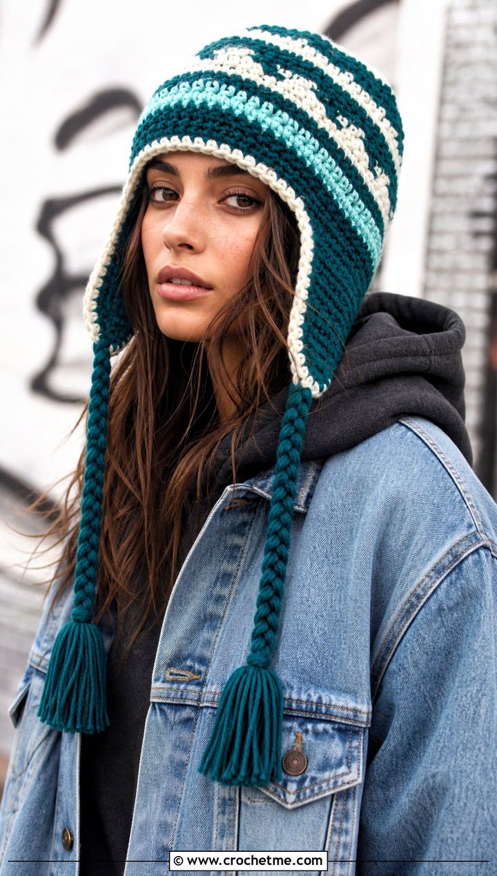Striped Tassel Ear Flap Hat With Denim Jacket - 25 crochet ear flap hat outfit ideas