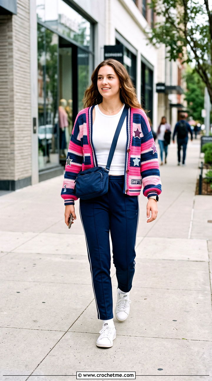 Striped Taylor Swift Crochet Cardigan With Track Pants - 35 crochet taylor swift cardigan outfit ideas