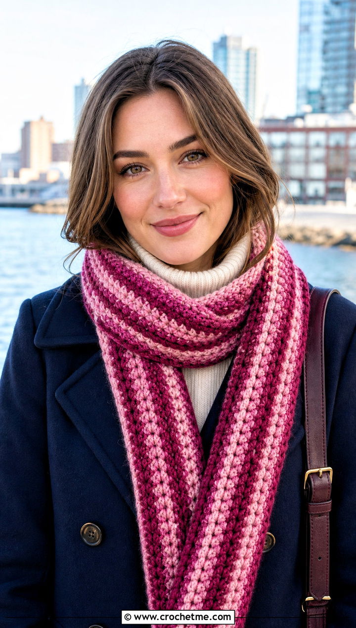Striped Thermal Stitch Crochet Scarf With Peacoat And Jeans - 20 Thermal Stitch Crochet Scarf outfit ideas