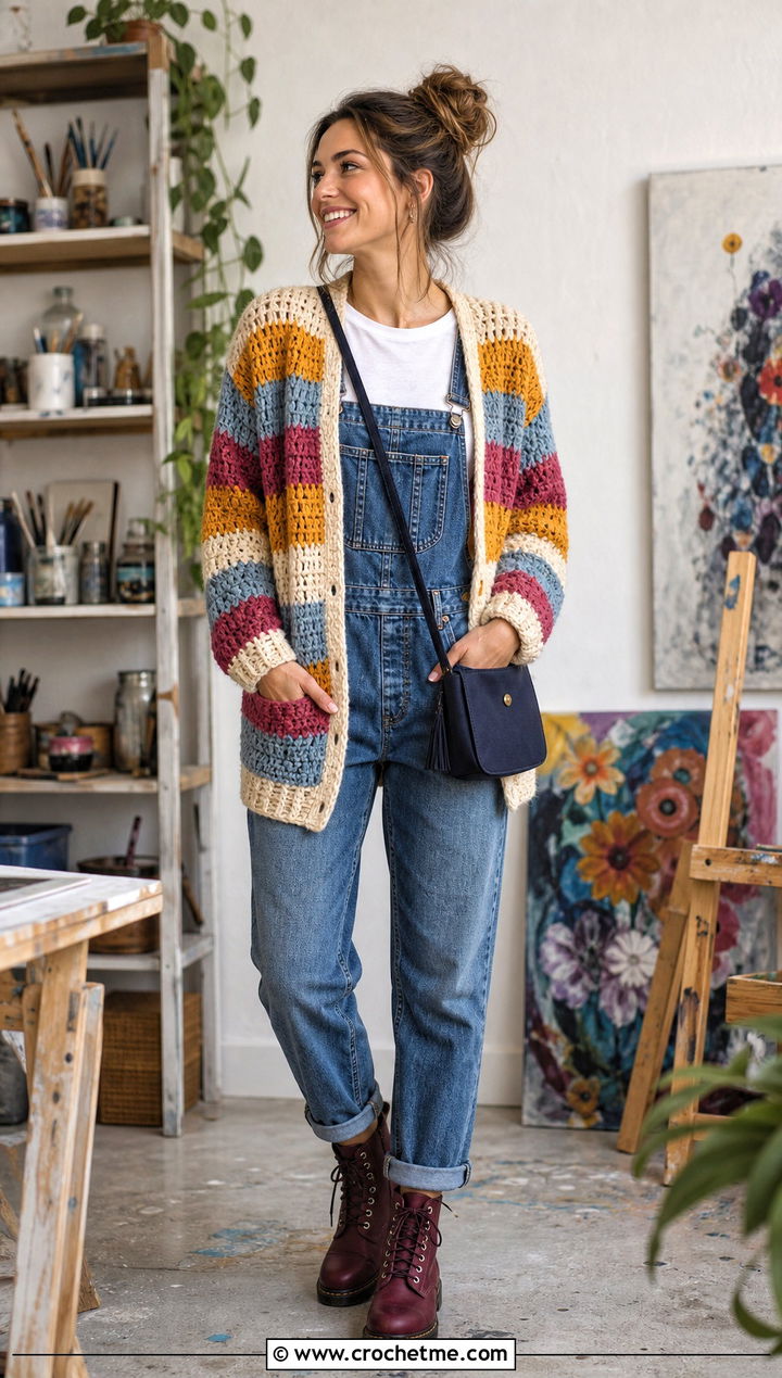 Striped Thick Yarn Crochet Cardigan With Denim Overalls - 25 Thick Yarn Crochet Cardigan outfit ideas