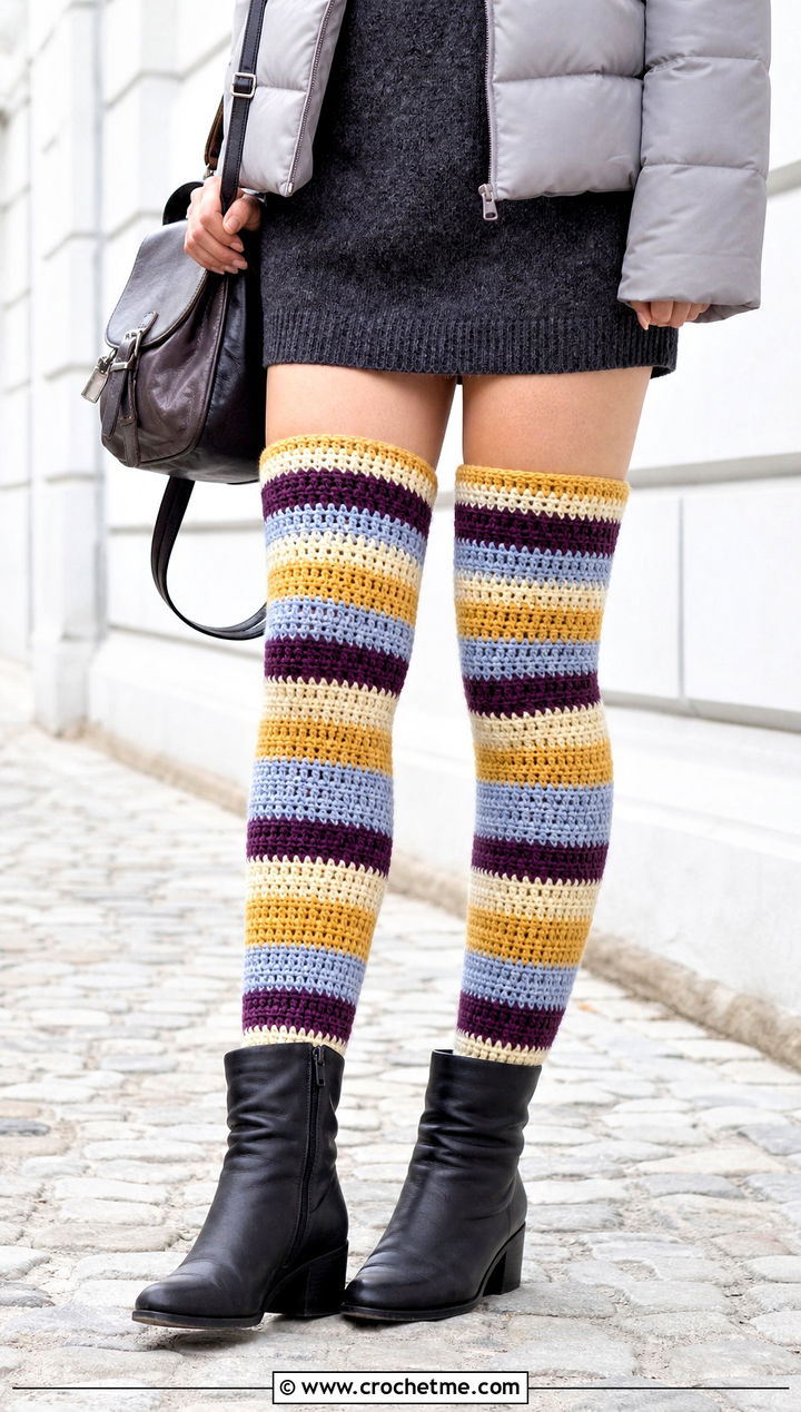 Striped Thigh High Crochet Socks With Sweater Dress - 35 thigh high crochet socks outfit ideas