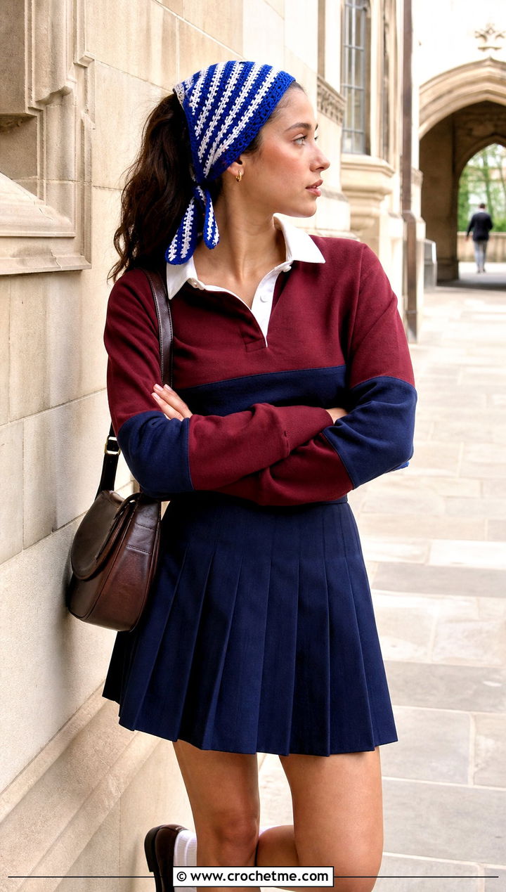 Striped Tie Back Head Wrap With Rugby Shirt - 30 crochet head wrap outfit ideas