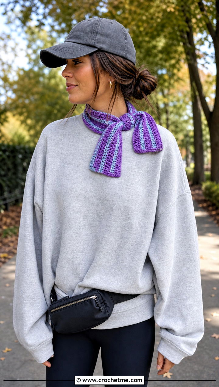 Striped Tiny Crochet Scarf With Sweatshirt And Leggings - 25 Tiny Crochet Scarf outfit ideas