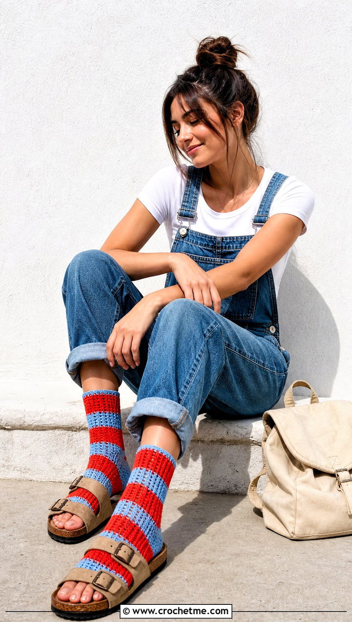 Striped Toeless Crochet Socks With Overalls - 20 Toeless Crochet Socks outfit ideas