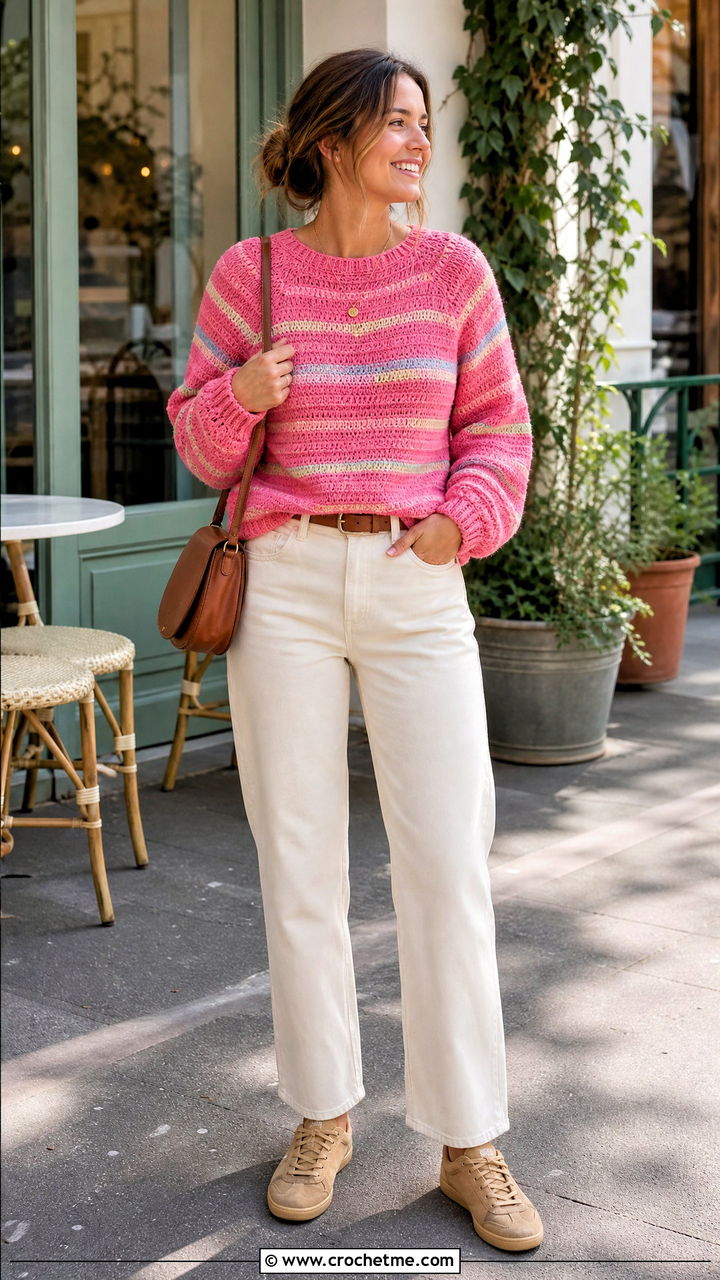 Striped Top Down Raglan Crochet Sweater With Ecru Jeans - 35 top down crochet sweater outfit ideas