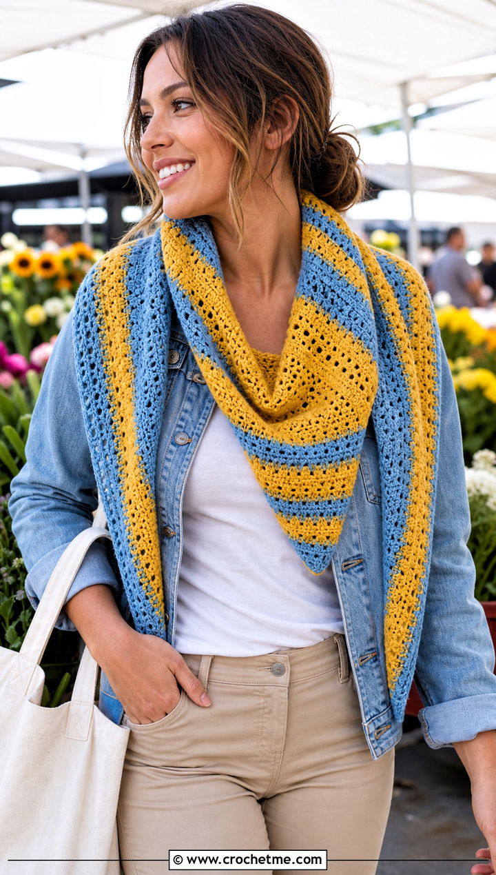Striped Triangle Crochet Shawl With Denim Jacket And Chinos - 35 triangle crochet shawl outfit ideas