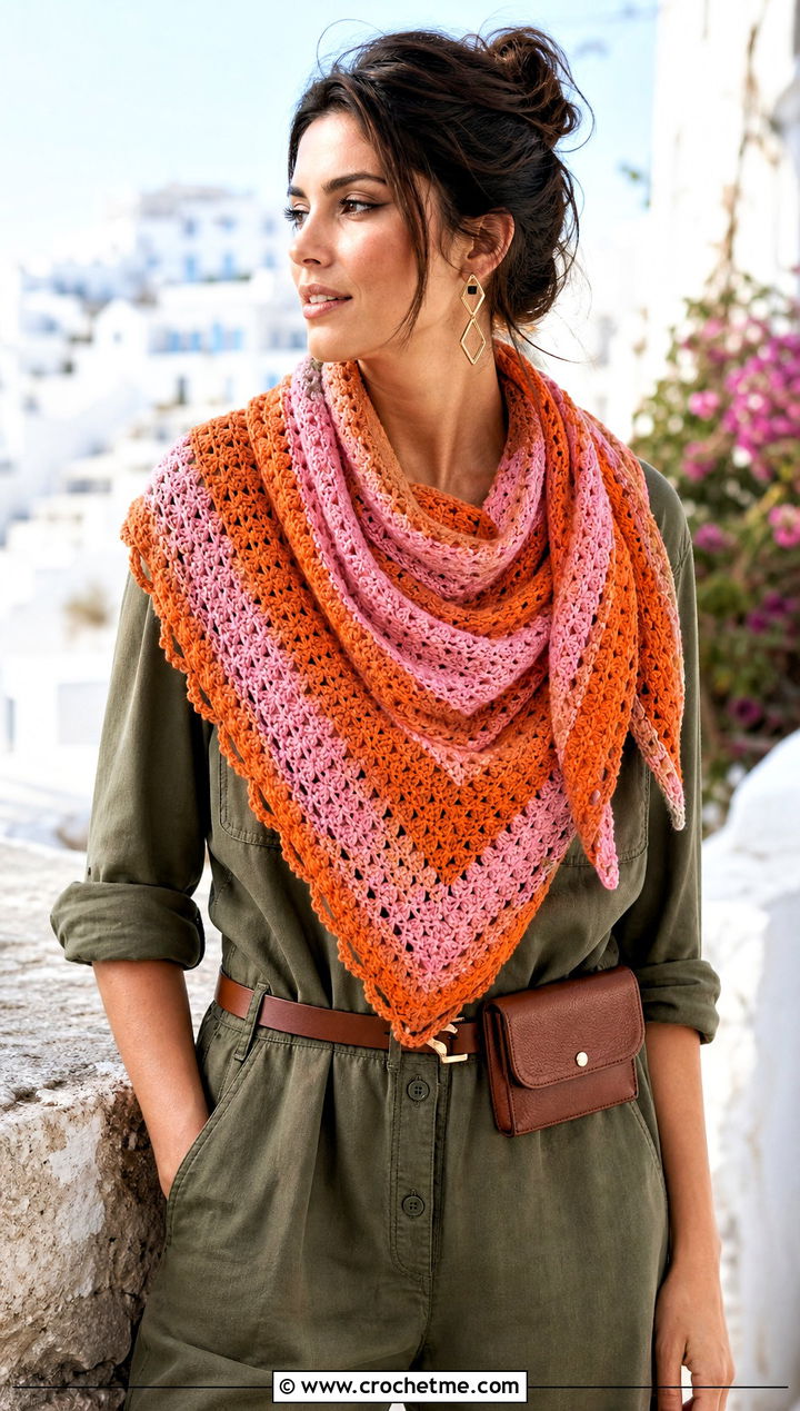 Striped Triangle Crochet Shawl With Utility Jumpsuit - 25 triangle crochet shawls outfit ideas