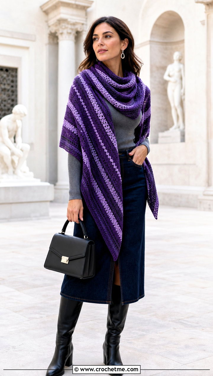 Striped Triangle Highlander Shawl With Denim Midi Skirt - 20 Crochet Highlander Shawl outfit ideas