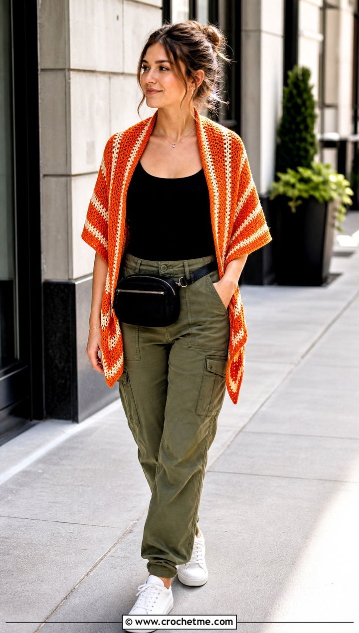 Striped Triangle Shawl With Cargo Pants - 30 boho crochet shawl outfit ideas