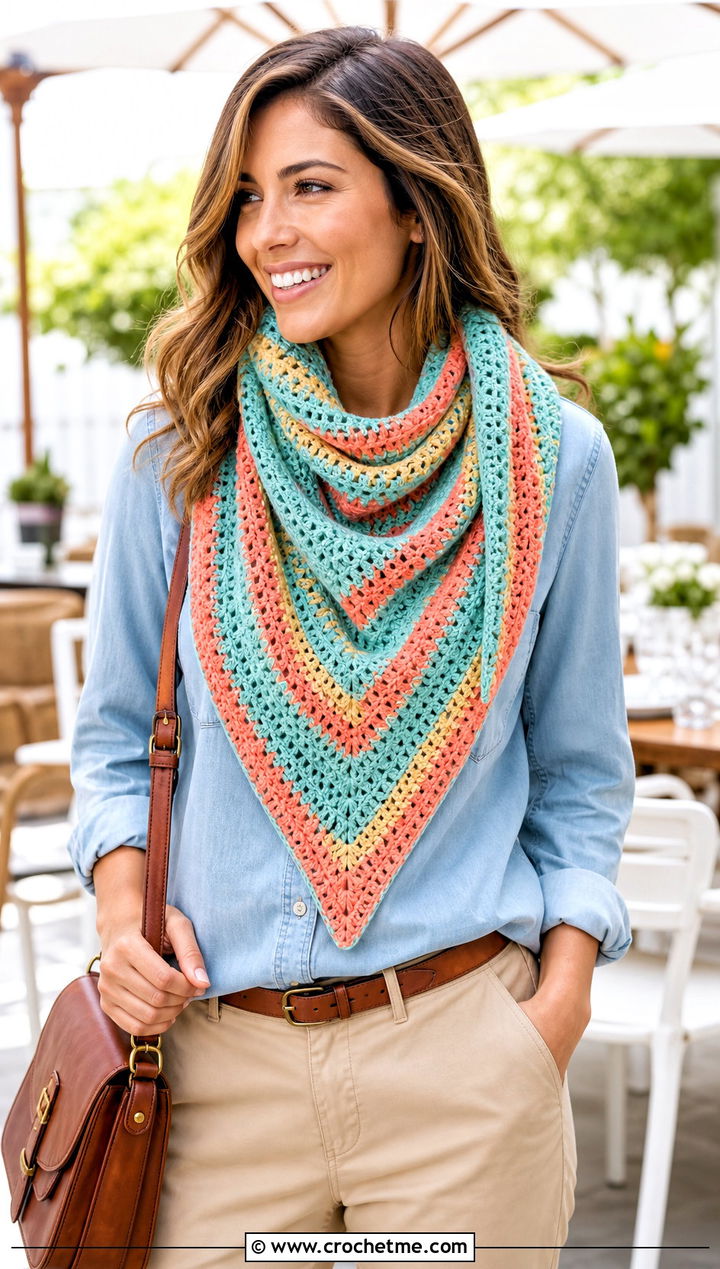 Striped Triangle Shawl With Chambray Shirt And Chinos - 30 easy crochet triangle shawl outfit ideas