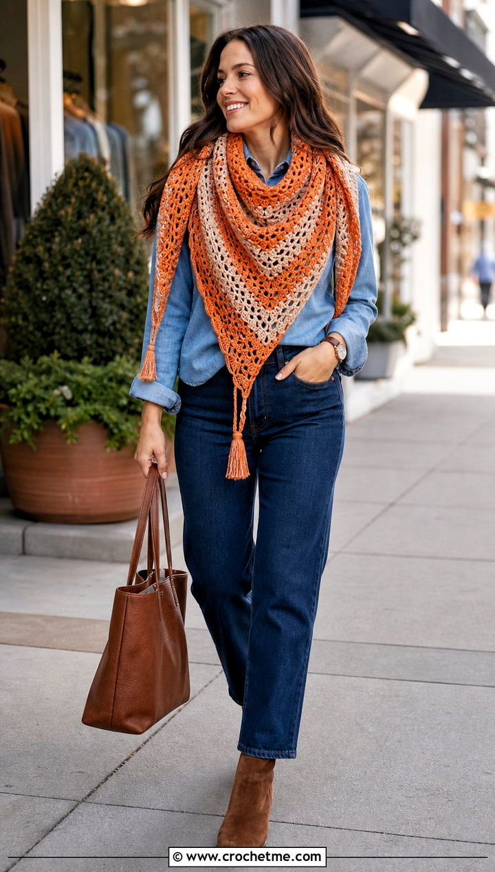 Striped Triangle Shawl With Denim Shirt And Jeans - 35 Easy Simple Crochet Triangle Shawl outfit ideas