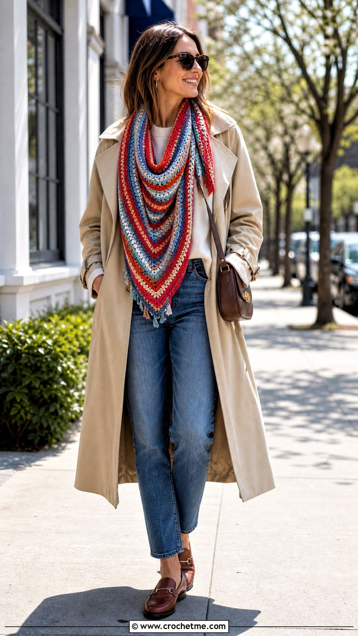 Striped Triangle Shawl With Trench Coat - 35 crochet triangle shawl outfit ideas