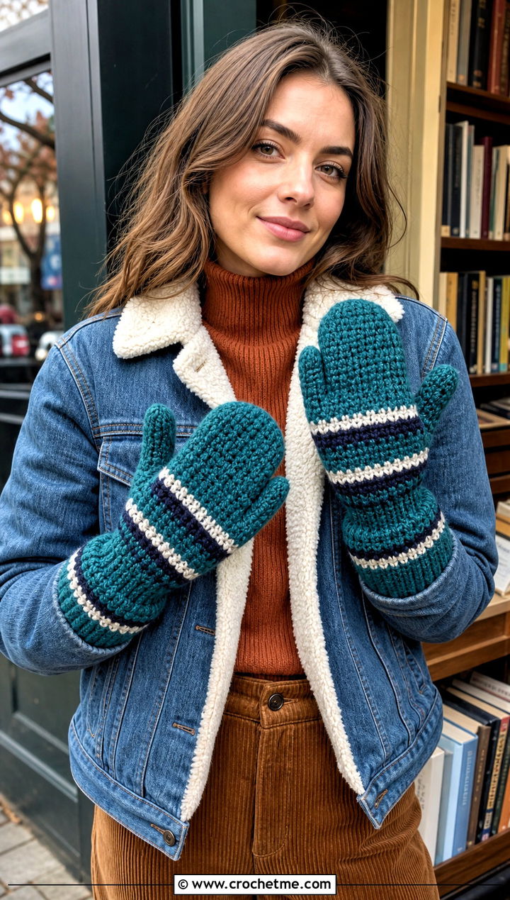Striped Trigger Tabi Crochet Mittens With Denim Jacket And Corduroy Pants - 25 Tabi Crochet Mittens outfit ideas