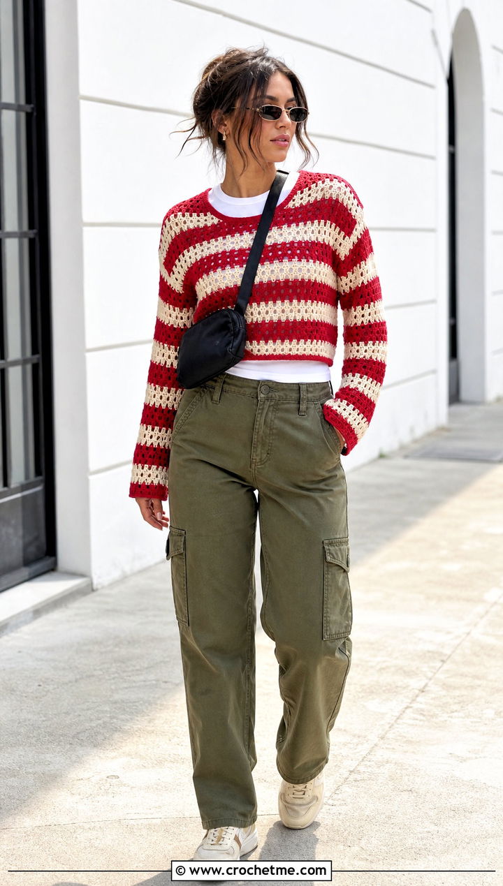 Striped Triple Crochet Sweater With Cargo Pants - 20 Triple Crochet Sweater outfit ideas