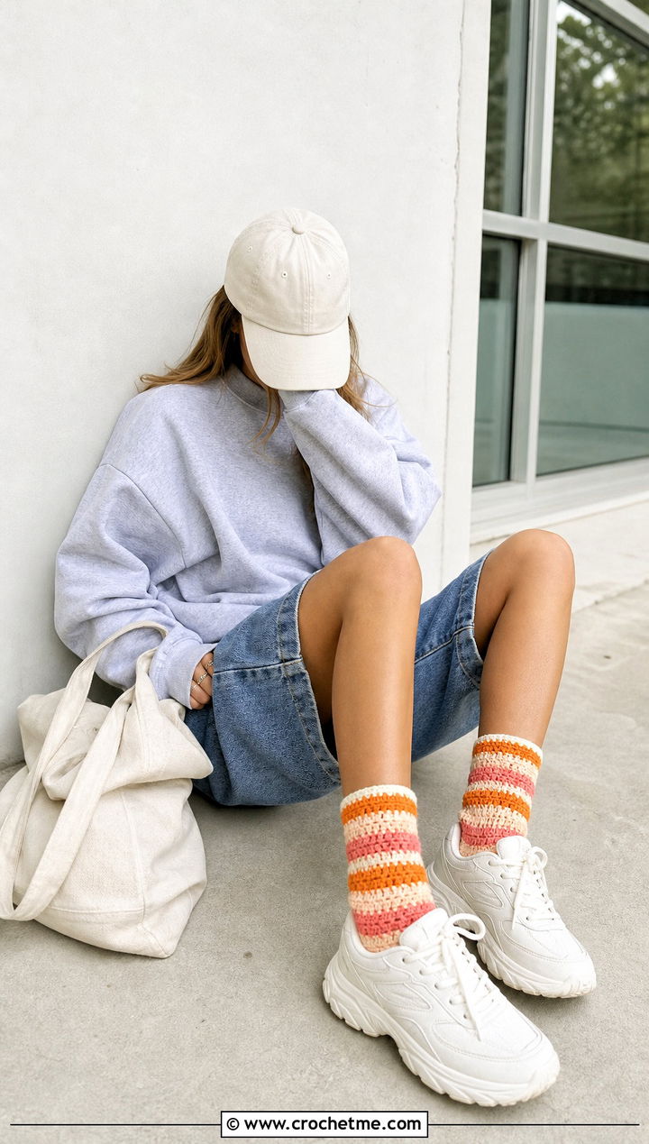 Striped Tube Chunky Crochet Socks With Denim Shorts - 25 Chunky Crochet Socks outfit ideas