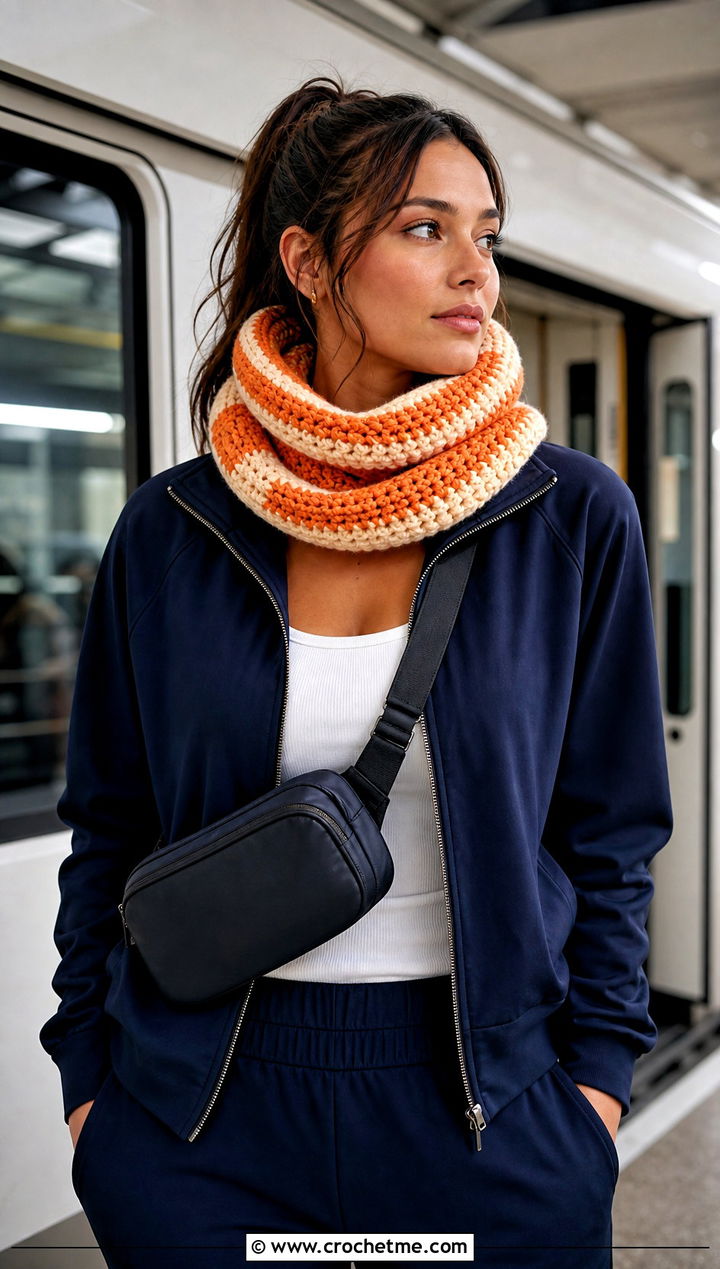 Striped Tube Crochet Infinity Scarf With Tracksuit - 25 infinite crochet scarf outfit ideas