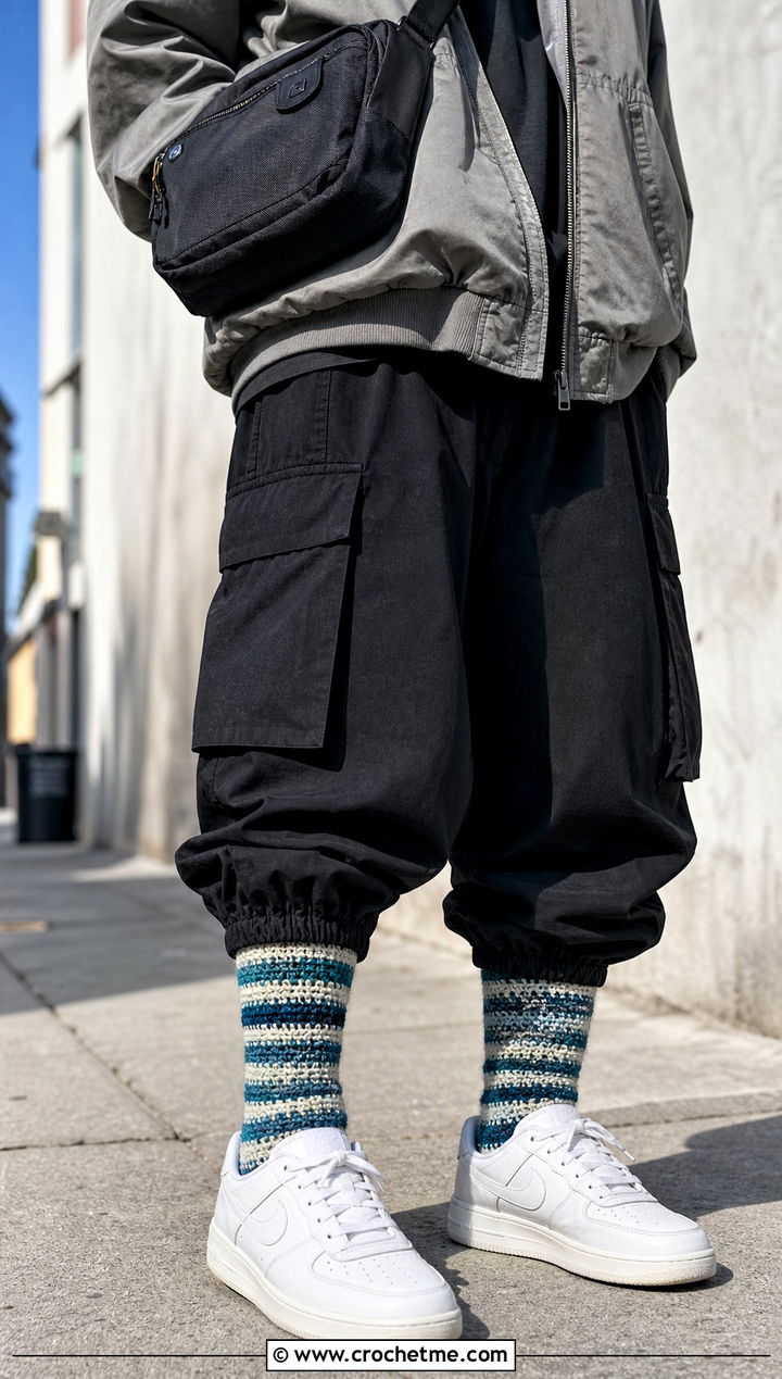 Striped Tube Crochet Socks With Sneakers And Cargo Pants - 15 crochet ladies socks outfit ideas