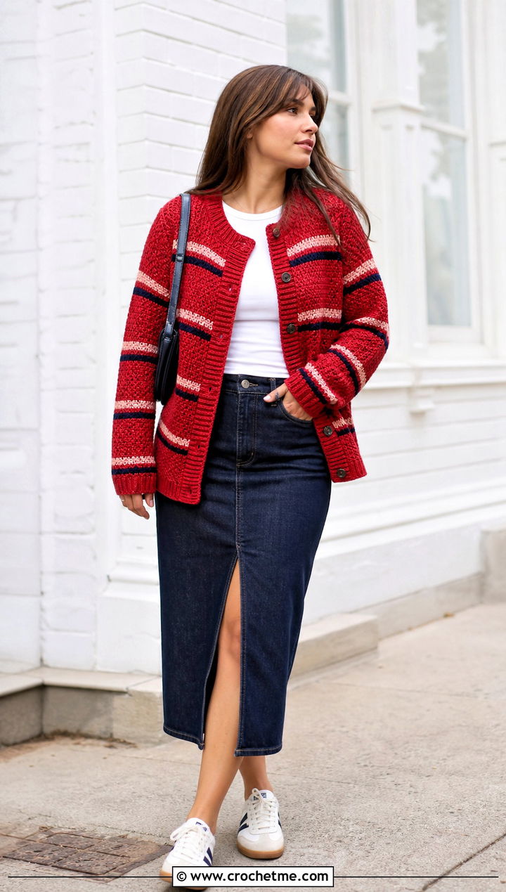 Striped Tunisian Cardigan With Denim Midi Skirt - 35 tunisian crochet cardigan outfit ideas