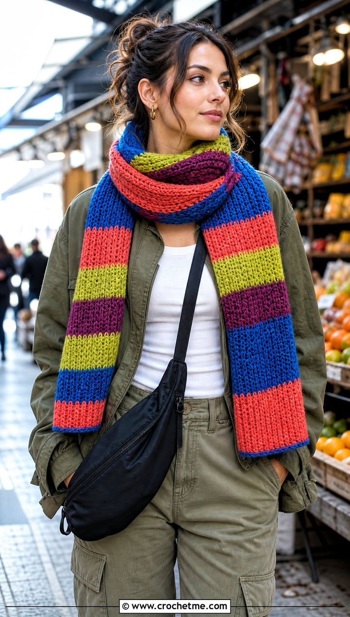 Striped Tunisian Crochet Scarf With Utility Jacket and Cargo Pants - 20 Easy Tunisian Crochet Scarf outfit ideas
