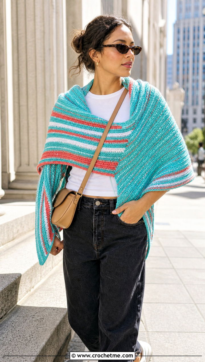 Striped Tunisian Crochet Triangle Shawl With Barrel Jeans - 25 Tunisian Crochet Triangle Shawl outfit ideas