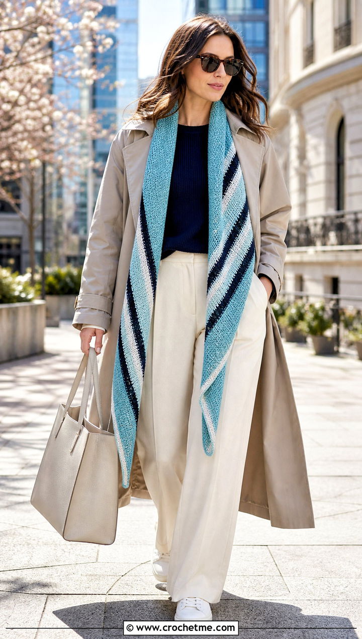 Striped Tunisian Crochet Wrap With Trench Coat And Wide Leg Pants - 25 Tunisian Crochet Wrap outfit ideas