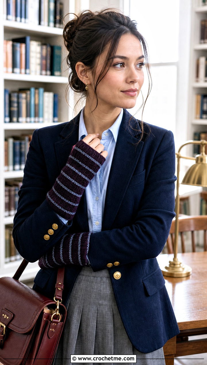 Striped Tunisian Crochet Wrist Warmers With Preppy Blazer - 15 Tunisian Crochet Wrist Warmers outfit ideas