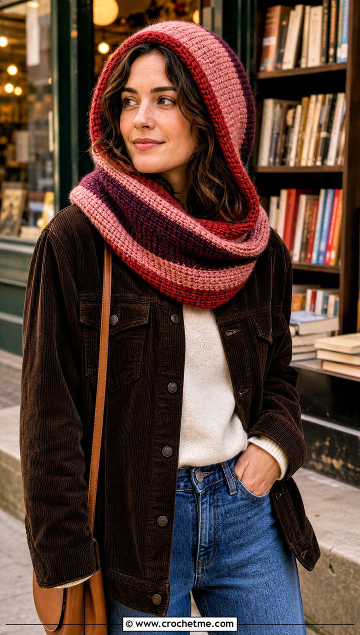 Striped Tunisian Hooded Cowl With Corduroy Jacket - 15 Tunisian Crochet Hooded Cowl outfit ideas