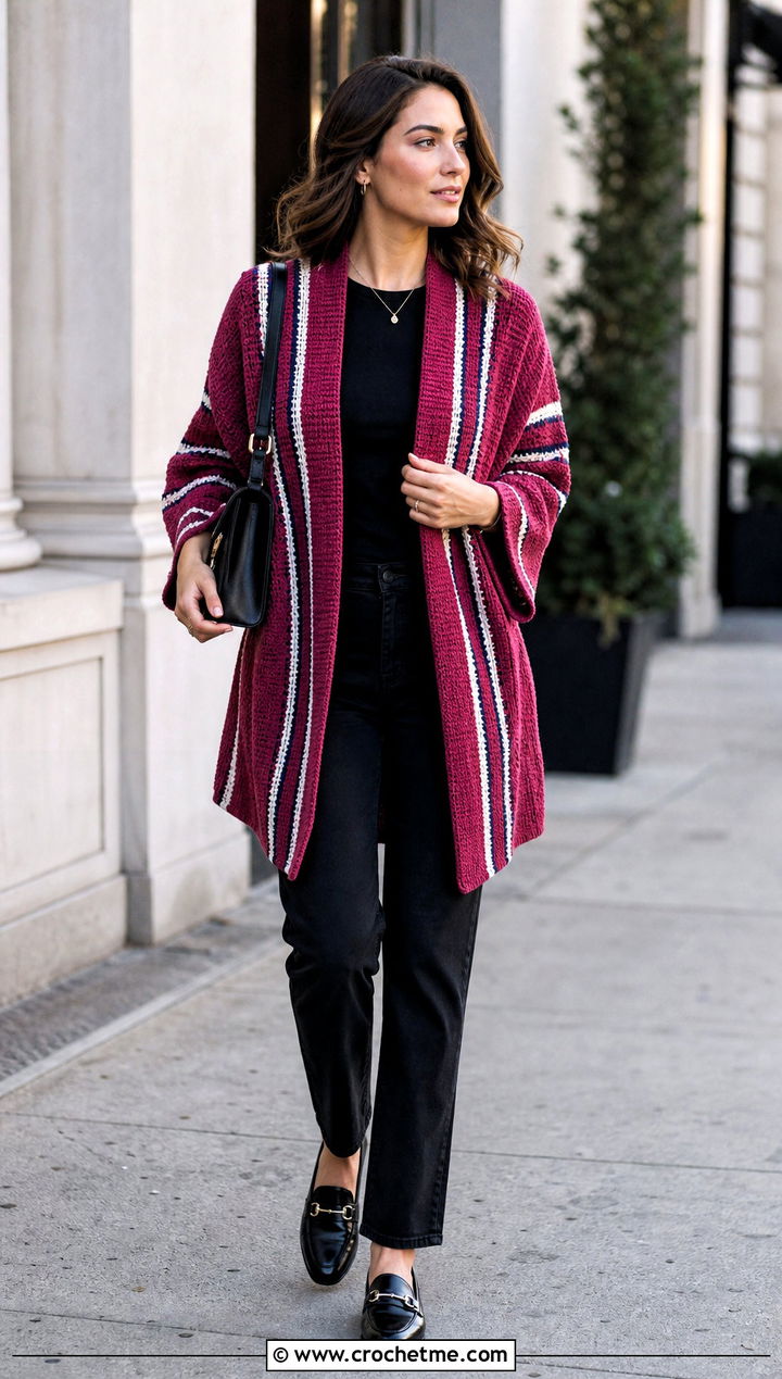 Striped Tunisian Kimono Cardigan With Black Basics - 25 kimono crochet cardigan outfit ideas