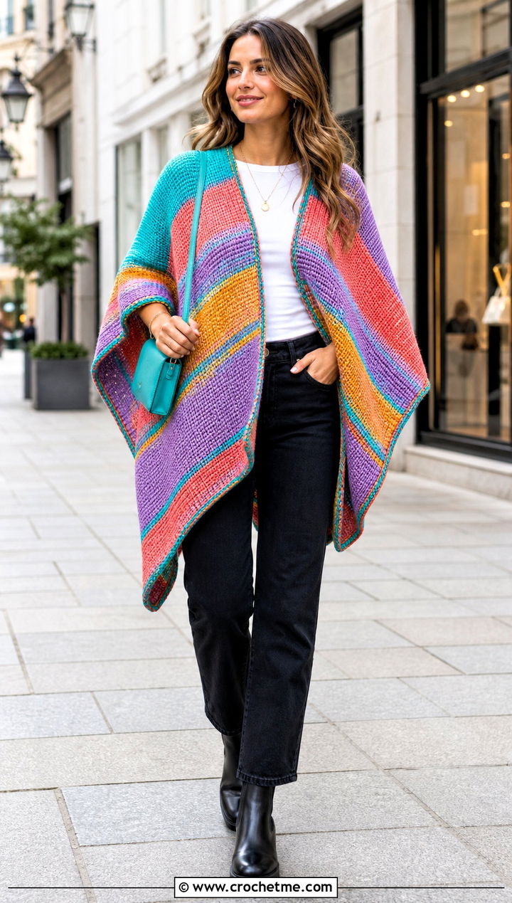 Striped Tunisian Poncho With Black Jeans - 30 tunisian crochet poncho outfit ideas