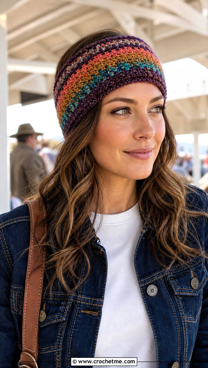 Striped Tweed Crochet Ear Warmer With Western Jacket - 25 Quick Crochet Ear Warmer outfit ideas