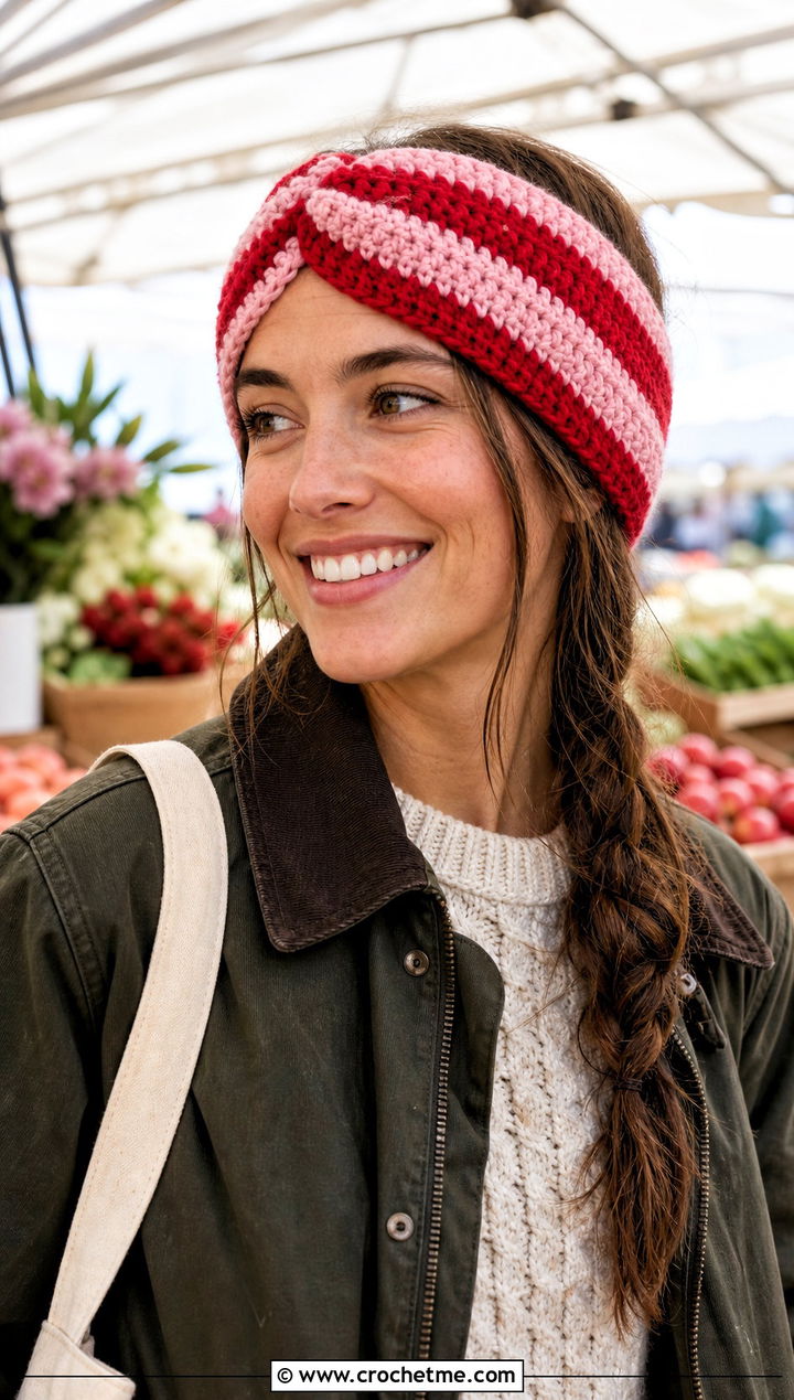 Striped Twist Crochet Ear Warmer With Barn Jacket - 25 twist crochet ear warmer outfit ideas
