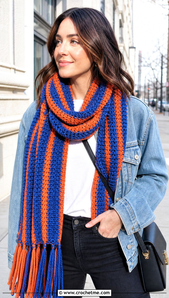 Striped Twisted Fringe Bonfire Scarf With Denim Jacket - 20 Crochet Bonfire Scarf outfit ideas